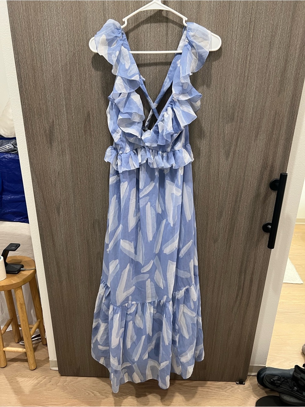 Abercrombie & Fitch Powder Blue Ruffle V-Back Maxi Dress